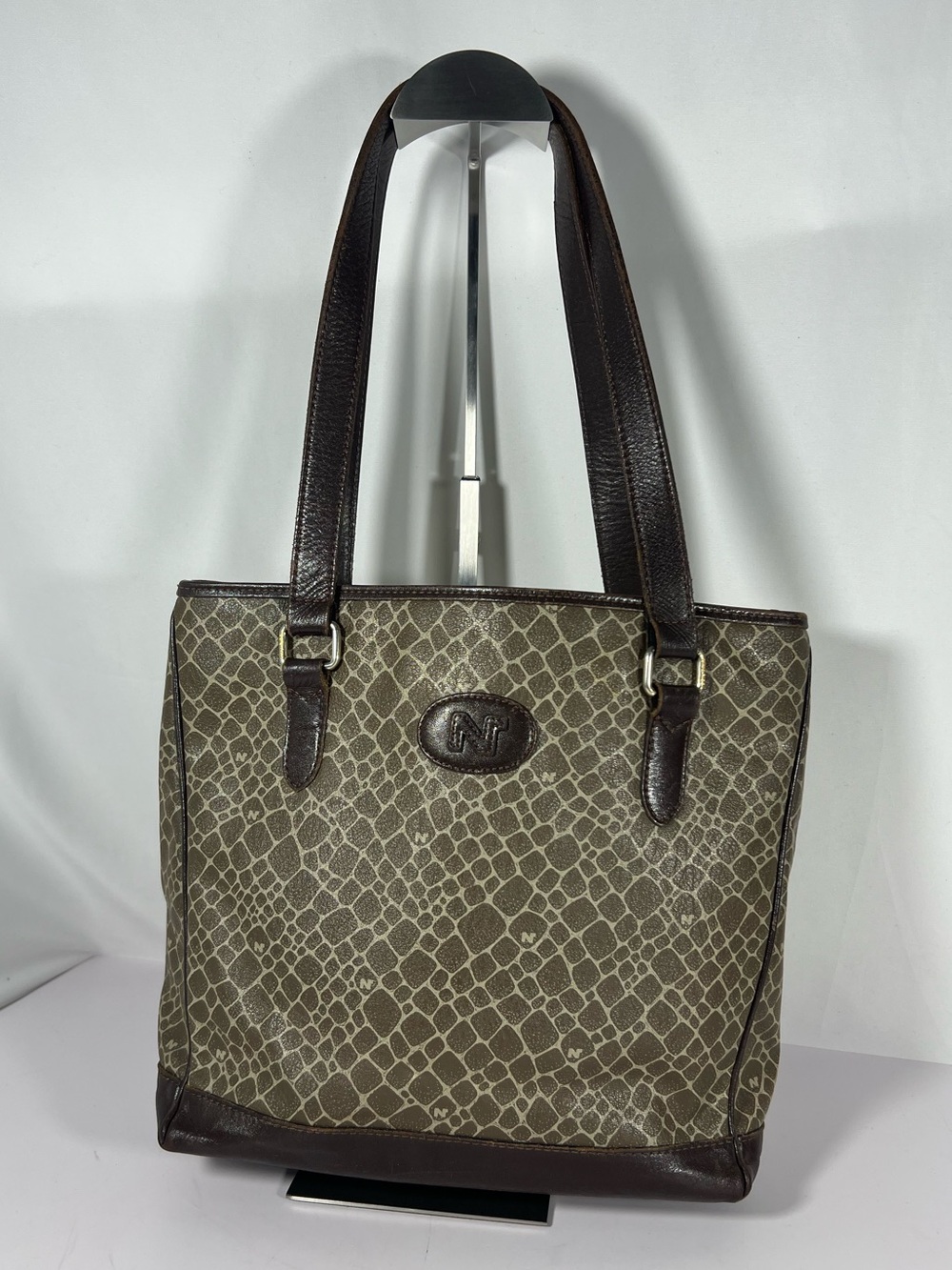 4284: Nina Ricci Vintage Monogram Jacquard Brown Leather Tote Bag